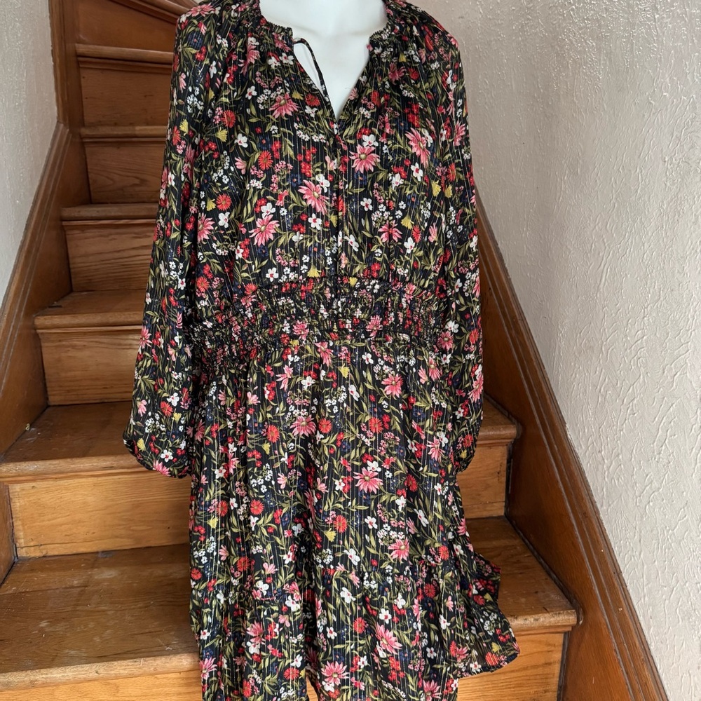 Old Navy Black Floral Gold Pinstripe Shirred Waist Blouse Sleeve Dress XL NWT